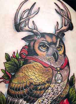highly detailed tattoo of an owl